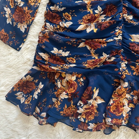 Veronica Beard Dress Hedera Ruched Silk Ruffle Mini Floral Electric Blue Sz 16 - Picture 7 of 12